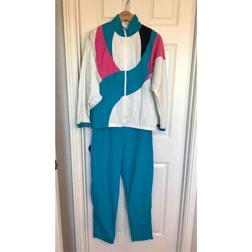 Women's Vintage Track Suit Set Size S Sport Active Teal Pink White Colorblock US